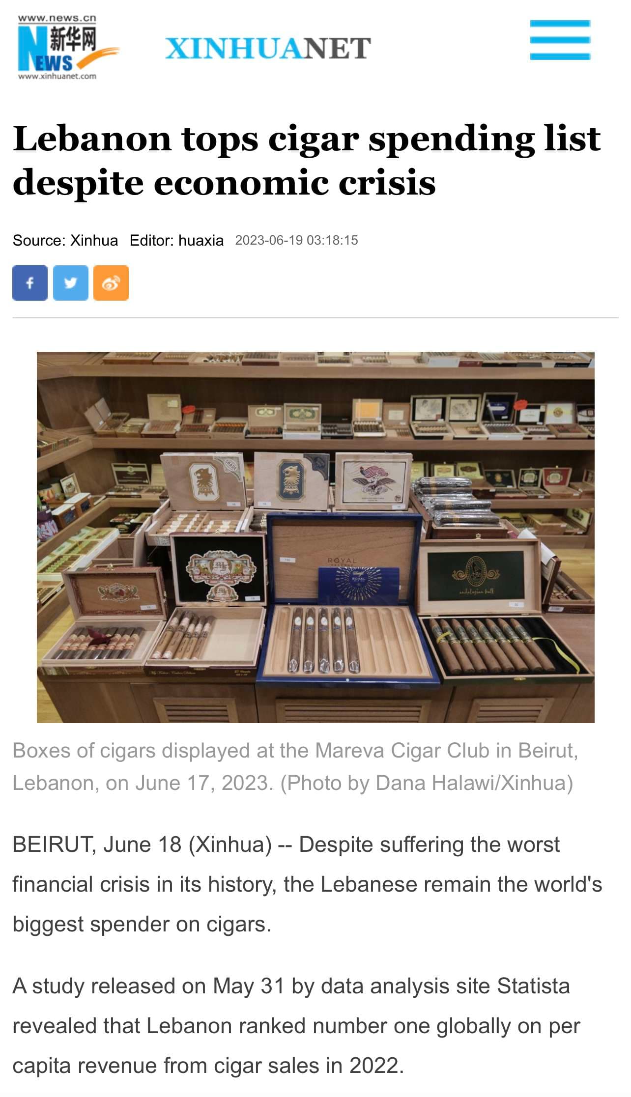Lebanon Tops Cigar Spending List: XinhuaNet Spotlights Club Mareva Beirut's Insights