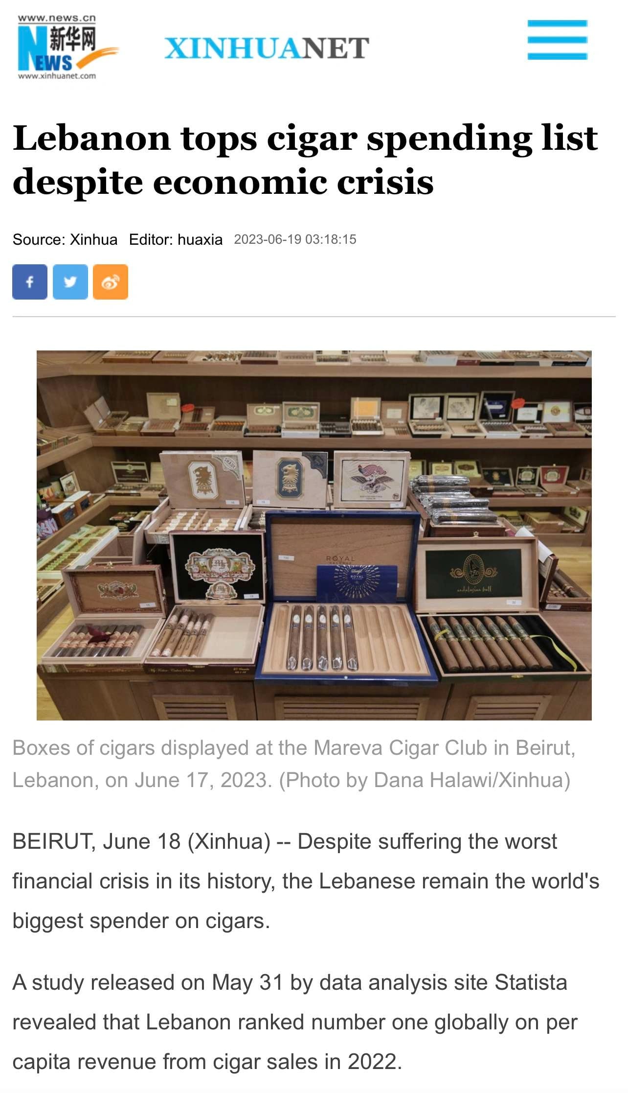 Lebanon Tops Cigar Spending List: XinhuaNet Spotlights Club Mareva Beirut's Insights